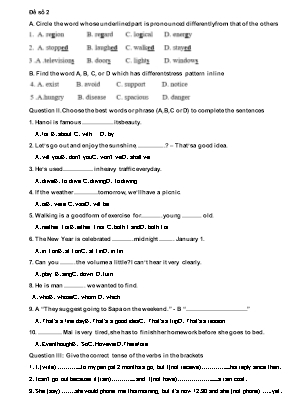 Đề thi tuyển sinh Lớp 10 THPT môn Tiếng Anh - Đề số 2 (Có đáp án)